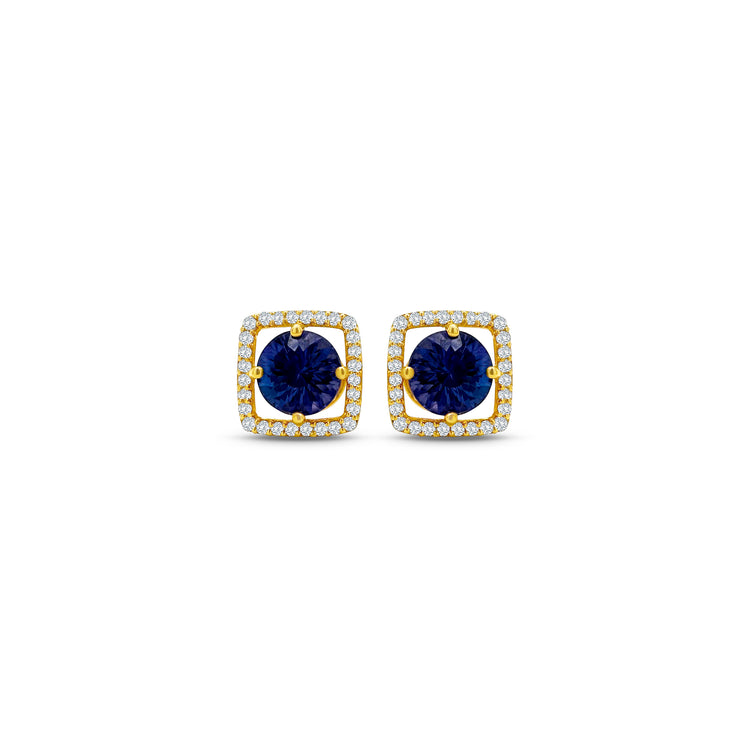 Round Tanzanite & Diamond Halo Stud Earrings" Tanzanite Detail: "Vibrant Round Tanzanite Gemstone" Diamond Halo: "Halo of Diamonds Surrounding Tanzanite" Earring Set: "Elegant Set of Tanzanite & Diamond Stud Earrings" Liner Options: "Earrings with Different Open Liners for Customization" Radiant Beauty: "Sparkling Tanzanite & Diamond Halo Stud Earrings"