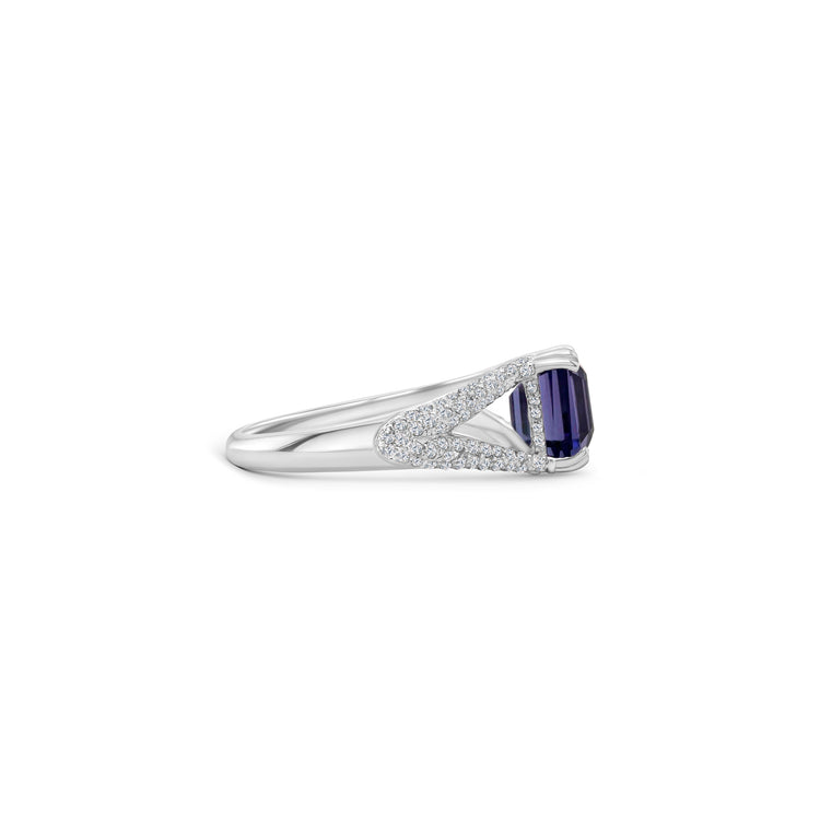 Emerald Cut Tanzanite Ring, Diamond Split Shank Ring, Tanzanite and Diamond Jewelry, Elegant Tanzanite Ring, Luxury Gemstone Ring, Split Shank Design, Emerald Cut Gemstone, Tanzanite Engagement Ring, Fine Jewelry, Statement Ring, December Birthstone Ring, Unique Tanzanite Ring, Tanzanite and Diamond Ring, Tanzanite Split Shank Ring, Tanzanite Jewelry for Women.