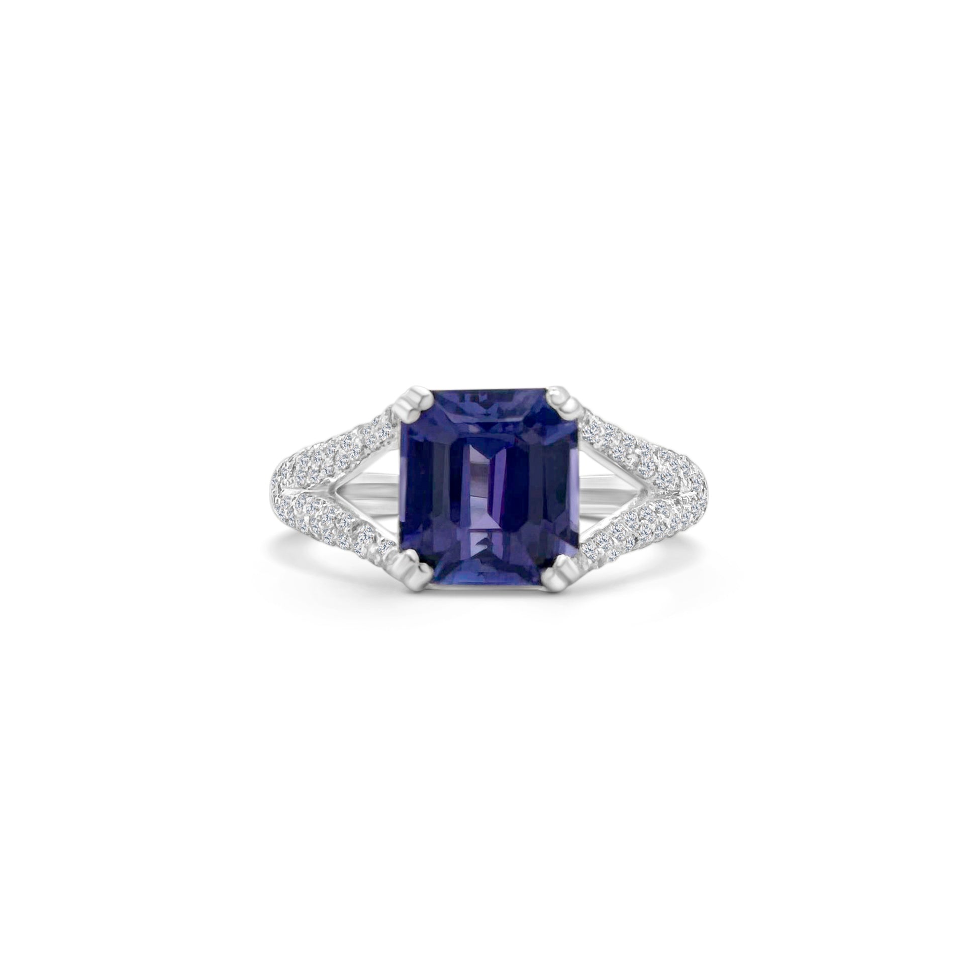 Emerald Cut Tanzanite Ring, Diamond Split Shank Ring, Tanzanite and Diamond Jewelry, Elegant Tanzanite Ring, Luxury Gemstone Ring, Split Shank Design, Emerald Cut Gemstone, Tanzanite Engagement Ring, Fine Jewelry, Statement Ring, December Birthstone Ring, Unique Tanzanite Ring, Tanzanite and Diamond Ring, Tanzanite Split Shank Ring, Tanzanite Jewelry for Women.