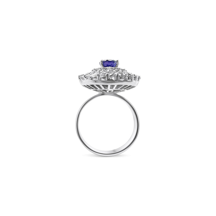 Oval Tanzanite Ring, Floral Diamond Halo Ring, Tanzanite and Diamond Jewelry, Gemstone Engagement Ring, Floral Design Ring, Halo Setting Jewelry, Oval Gemstone Ring, Tanzanite and Diamond Halo, Fine Jewelry, Luxury Ring Design