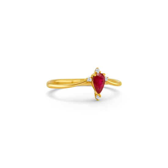 A luxurious pear-shaped ruby, surrounded by sparkling diamonds, set in gleaming white gold. This exquisite ring features a vibrant ruby centerpiece, accentuated by dazzling diamonds, crafted to perfection in elegant white gold. Rich, red ruby embraced by a halo of brilliant diamonds, showcased in a stunning white gold setting.