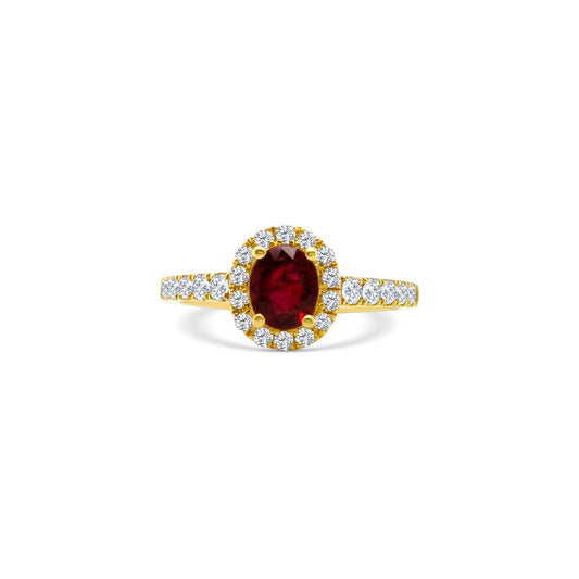 A stunning oval ruby center stone ring surrounded by a sparkling diamond halo, set in white gold, perfect for an elegant evening out or a glamorous event, jewelry that exudes luxury and sophistication, showcasing the timeless beauty of rubies and diamonds, a symbol of love, passion, and refinement.