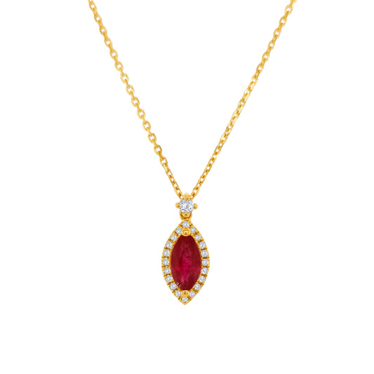 Marquise Ruby & Diamond Halo Pendant: Elegant, timeless, sophisticated, ruby pendant, diamond accents, halo design, fine jewelry, luxurious accessory, statement piece, special occasion wear.