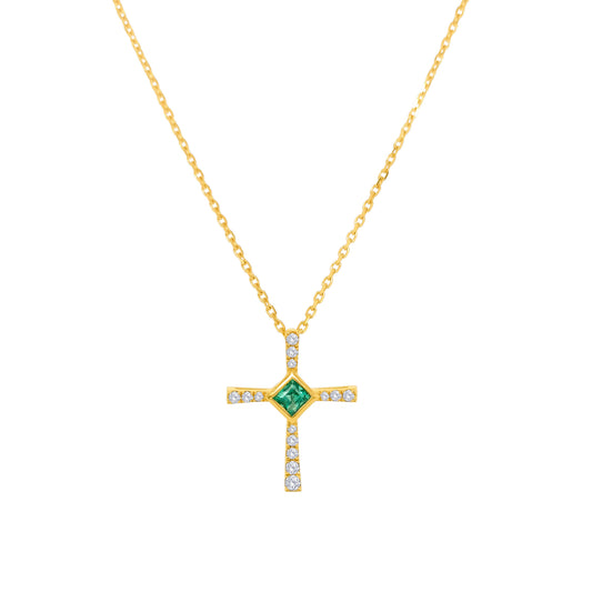Princess Cut Emerald Diamond Cross Pendant, Elegant Jewelry, Emerald Pendant, Diamond Cross, Precious Stones Pendant, Gemstone Cross Necklace, Stylish Religious Jewelry, Luxurious Pendant, Sparkling Gemstones Pendant, High-quality Cross Pendant.