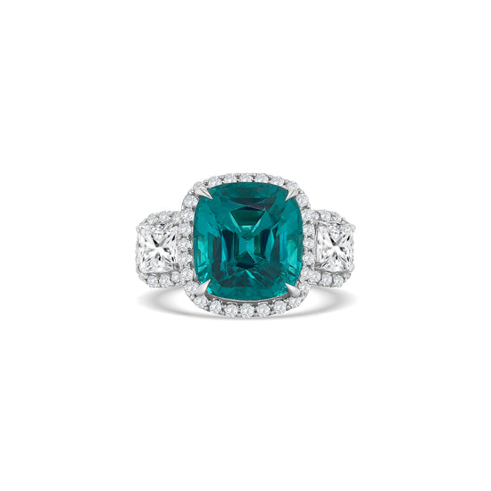 "Paraiba Tourmaline & Diamond Trilogy Halo Ring," "Tourmaline and Diamond Ring," "Fine Jewelry," "Luxury Ring," "Fashion Ring," "Gemstone Jewelry," "Sparkling Halo Ring," "Statement Ring," "Elegant Jewelry," "Special Occasion Ring," "Paraiba Tourmaline Ring," "Timeless Jewelry," "Handcrafted Ring," "Unique Gemstone Ring," "Classic Halo Ring."