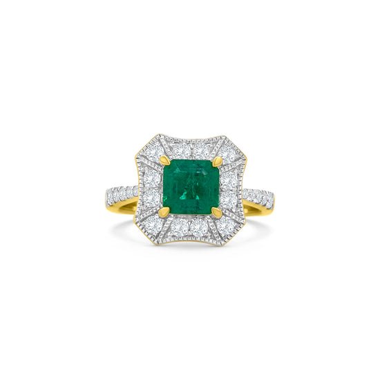 "Emerald ring, diamond halo ring, emerald and diamond ring, halo engagement ring, emerald cut ring, luxury jewelry, fine jewelry, gemstone ring, diamond accents, emerald and diamond halo ring."