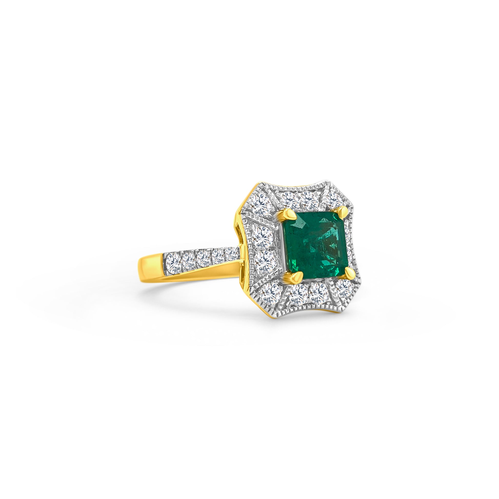 "Emerald ring, diamond halo ring, emerald and diamond ring, halo engagement ring, emerald cut ring, luxury jewelry, fine jewelry, gemstone ring, diamond accents, emerald and diamond halo ring."