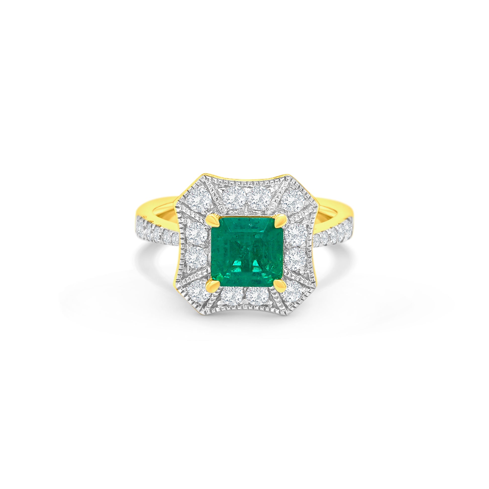 "Emerald ring, diamond halo ring, emerald and diamond ring, halo engagement ring, emerald cut ring, luxury jewelry, fine jewelry, gemstone ring, diamond accents, emerald and diamond halo ring."