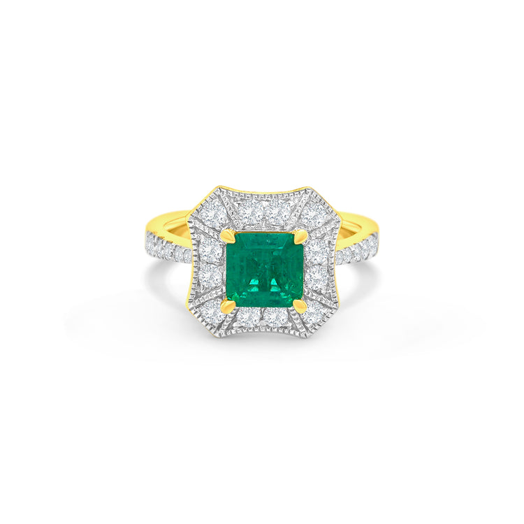 "Emerald ring, diamond halo ring, emerald and diamond ring, halo engagement ring, emerald cut ring, luxury jewelry, fine jewelry, gemstone ring, diamond accents, emerald and diamond halo ring."