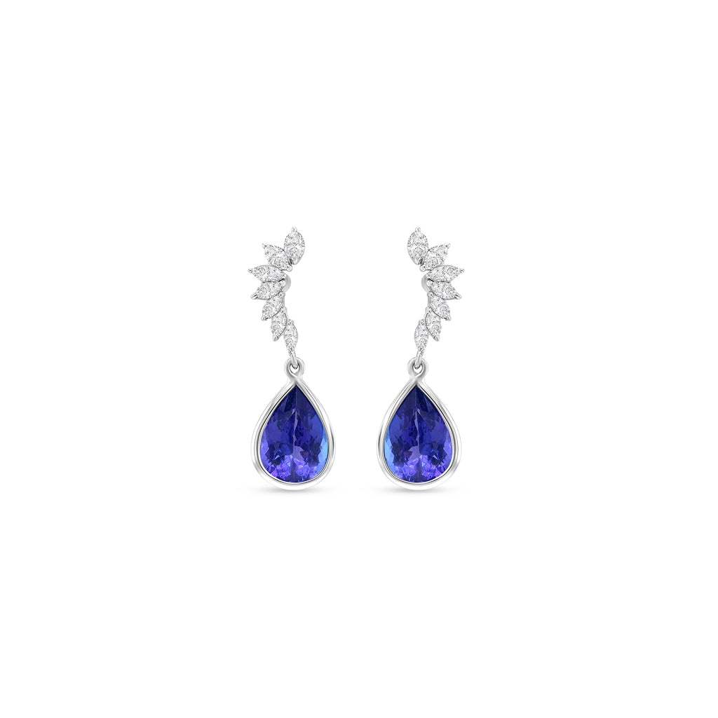 "Pear Shape Tanzanite Earrings, Diamond Drop Earrings, Tanzanite and Diamond Earrings, Elegant Drop Earrings, Pear Cut Tanzanite Jewelry, Luxurious Gemstone Earrings, Fine Jewelry Tanzanite Earrings."