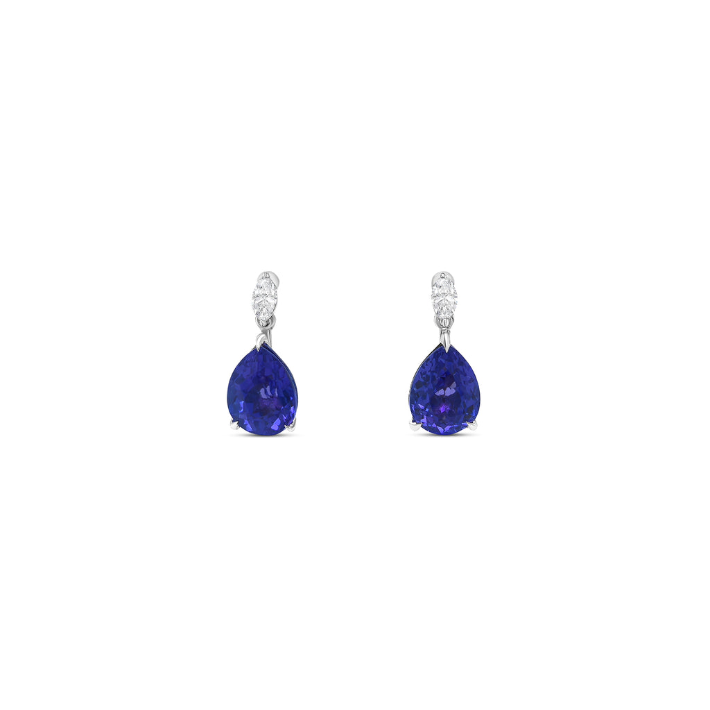 These pear-shaped tanzanite and diamond drop earrings exude elegance and brilliance. Featuring vibrant blue-violet tanzanite gemstones framed by sparkling diamonds, the graceful drop design adds a touch of sophistication. Perfect for special occasions or everyday elegance, these earrings are a timeless addition to any jewelry collection.