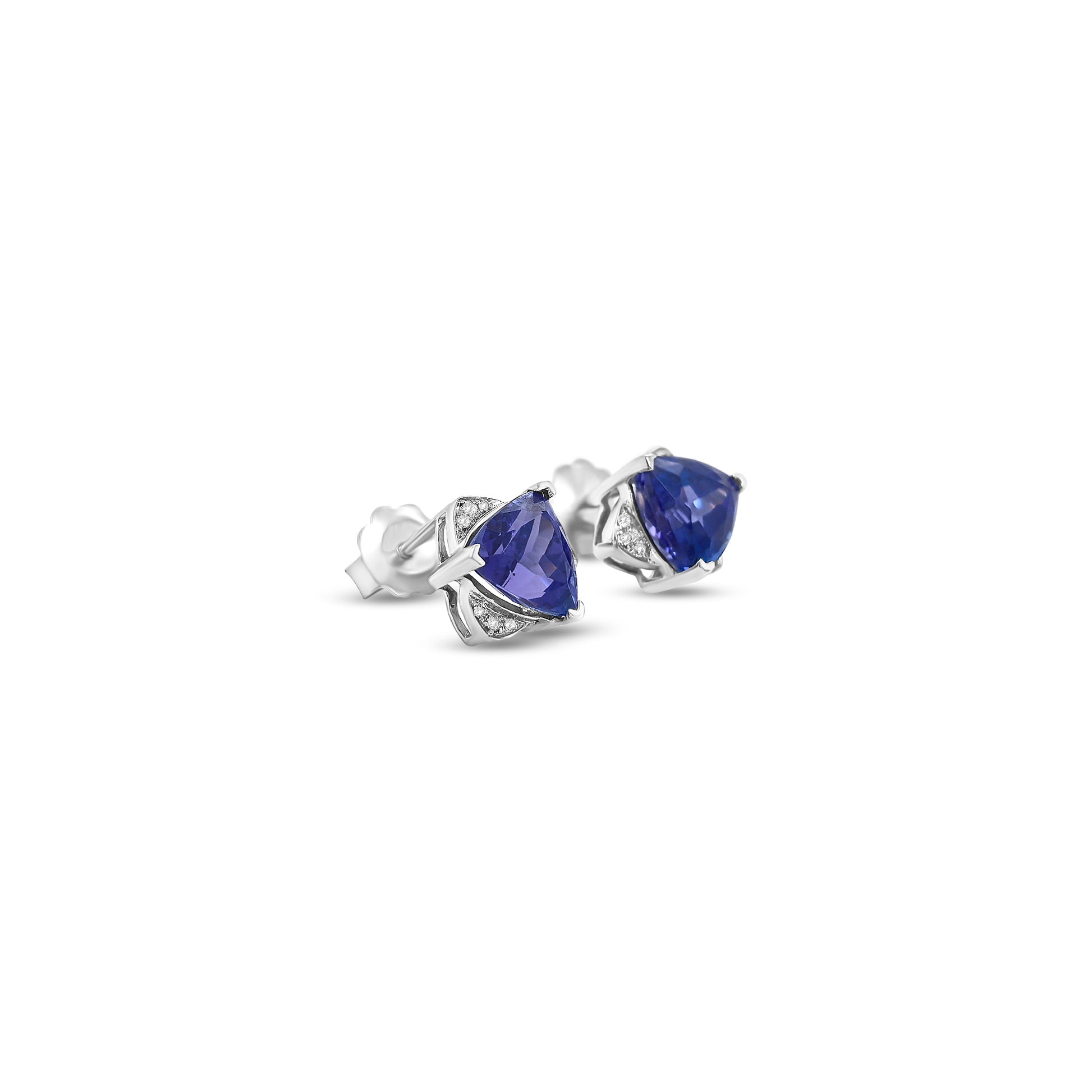 These stunning trillion cut tanzanite and diamond stud earrings are a perfect blend of vibrant color and timeless elegance. Featuring brilliant trillion-shaped tanzanite gemstones, each framed by sparkling diamond accents, these earrings exude sophistication and charm. The unique trillion cut enhances the tanzanite's vivid blue-violet hues, while the diamonds add a touch of radiant brilliance. Perfect for adding a pop of color to any outfit or as a thoughtful gift, these earrings are a dazzling expression o