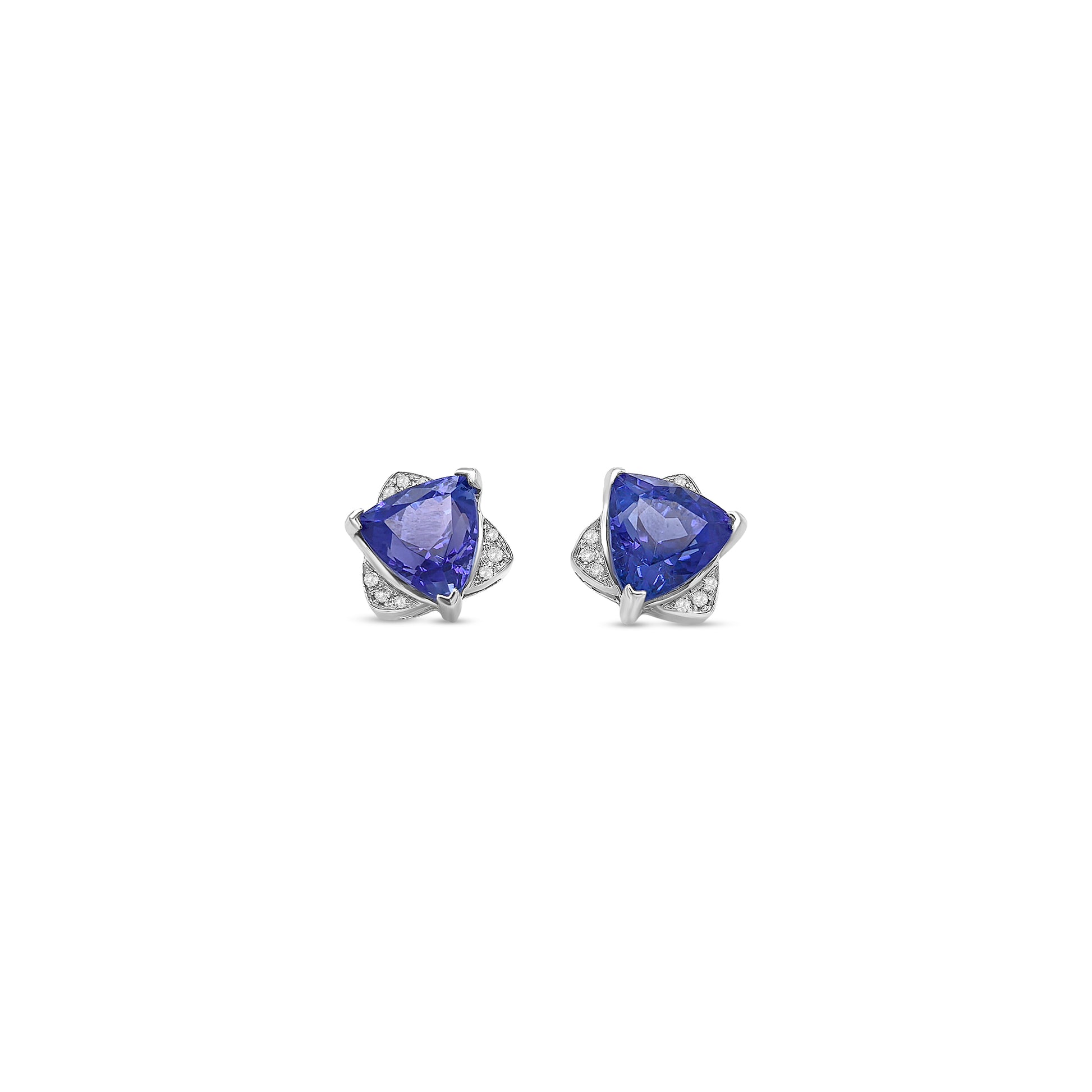 These stunning trillion cut tanzanite and diamond stud earrings are a perfect blend of vibrant color and timeless elegance. Featuring brilliant trillion-shaped tanzanite gemstones, each framed by sparkling diamond accents, these earrings exude sophistication and charm. The unique trillion cut enhances the tanzanite's vivid blue-violet hues, while the diamonds add a touch of radiant brilliance. Perfect for adding a pop of color to any outfit or as a thoughtful gift, these earrings are a dazzling expression o