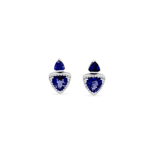 Trillion Tanzanite & Diamond Halo Drop Earrings: "Trillion Tanzanite earrings," "Diamond Halo earrings," "Drop earrings," "Tanzanite and Diamond earrings," "Gemstone earrings," "Luxury earrings," "Statement earrings," "Jewelry gifts," "Fine jewelry," "Fashion accessories," "Elegant earrings," "Handcrafted earrings," "Exquisite earrings," "Blue gemstone earrings," "Special occasion earrings," "Gifts for her," "Glamorous earrings," "High-quality earrings," "Designer earrings," "Sparkling earrings."
