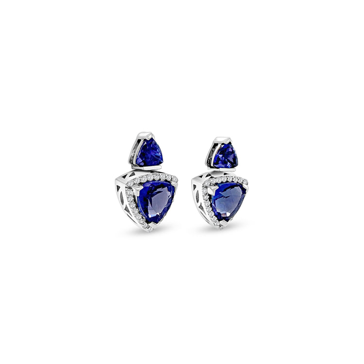 Trillion Tanzanite & Diamond Halo Drop Earrings: "Trillion Tanzanite earrings," "Diamond Halo earrings," "Drop earrings," "Tanzanite and Diamond earrings," "Gemstone earrings," "Luxury earrings," "Statement earrings," "Jewelry gifts," "Fine jewelry," "Fashion accessories," "Elegant earrings," "Handcrafted earrings," "Exquisite earrings," "Blue gemstone earrings," "Special occasion earrings," "Gifts for her," "Glamorous earrings," "High-quality earrings," "Designer earrings," "Sparkling earrings."