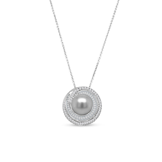Round pearl pendant, diamond pendant, jewelry pendant, white gold pendant, elegant pendant, classic pendant, necklace pendant, fine jewelry pendant, luxury pendant, gift pendant.