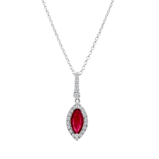  a stunning marquise-cut ruby surrounded by a sparkling halo of diamonds. This exquisite piece exudes elegance and sophistication, perfect for adding a touch of glamour to any ensemble.