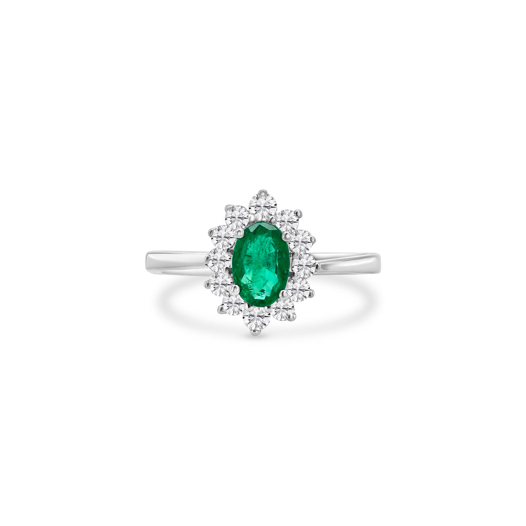 "Oval Emerald & Diamond Halo Ring, elegant jewelry, luxury accessories, gemstone ring, emerald jewelry, diamond ring, fine jewelry, statement piece, fashion accessories, high-end ring, exquisite design, precious stones, halo setting, glamorous ring, breathtaking jewelry."