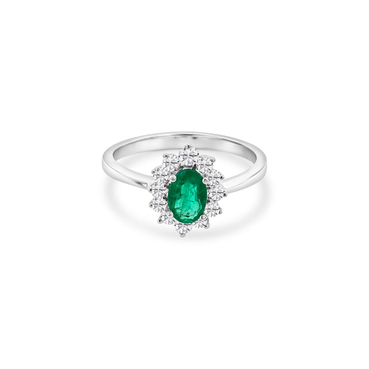 "Oval Emerald & Diamond Halo Ring, elegant jewelry, luxury accessories, gemstone ring, emerald jewelry, diamond ring, fine jewelry, statement piece, fashion accessories, high-end ring, exquisite design, precious stones, halo setting, glamorous ring, breathtaking jewelry."