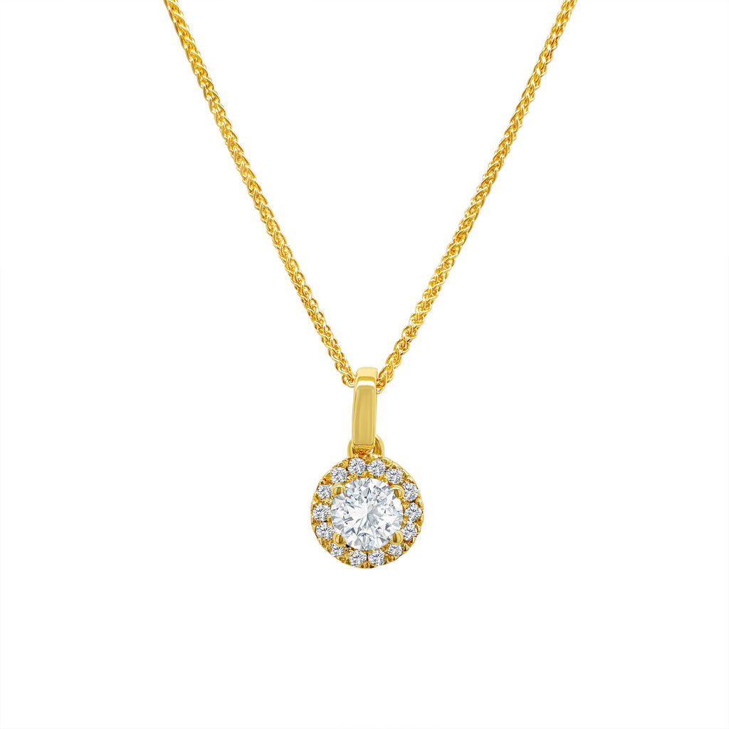 A round brilliant diamond pendant, sparkling diamond pendant, elegant halo pendant, diamond halo necklace, exquisite jewelry piece, luxurious round pendant, dazzling diamond accessory, stunning halo pendant, radiant round pendant, shimmering diamond halo pendant.