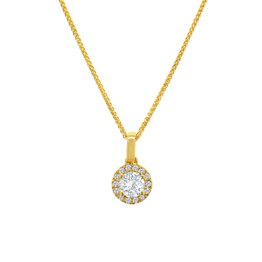 A round brilliant diamond pendant, sparkling diamond pendant, elegant halo pendant, diamond halo necklace, exquisite jewelry piece, luxurious round pendant, dazzling diamond accessory, stunning halo pendant, radiant round pendant, shimmering diamond halo pendant.