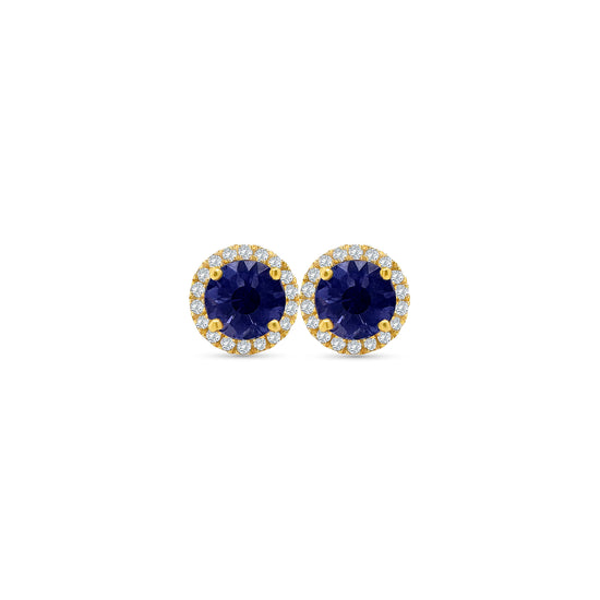 Round Tanzanite & Diamond Halo Stud Earrings" Tanzanite Detail: "Vibrant Round Tanzanite Gemstone" Diamond Halo: "Halo of Diamonds Surrounding Tanzanite" Earring Set: "Elegant Set of Tanzanite & Diamond Stud Earrings" Liner Options: "Earrings with Different Open Liners for Customization" Radiant Beauty: "Sparkling Tanzanite & Diamond Halo Stud Earrings"