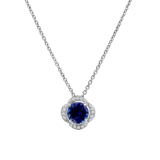 Round Tanzanite Pendant, Diamond Halo Pendant, Gemstone Jewelry, Fine Jewelry, Blue Gemstone Pendant, Halo Necklace, Tanzanite and Diamond Pendant, Luxury Jewelry, Statement Necklace