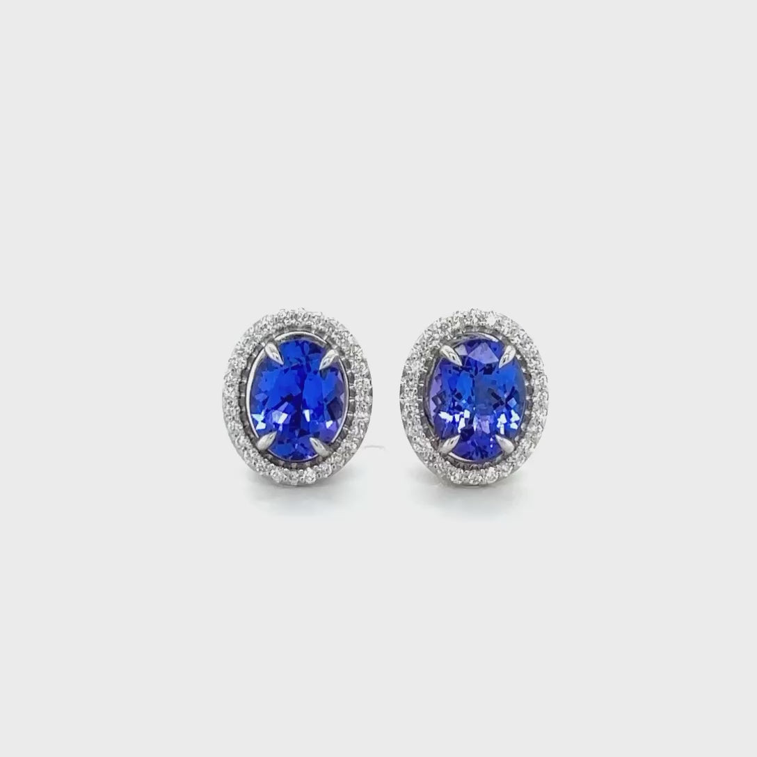 Oval Tanzanite & Diamond Halo Stud Earrings, Oval Tanzanite Earrings, Diamond Halo Studs, Tanzanite and Diamond Earrings, Halo Stud Earrings, Oval Stud Earrings, Gemstone Stud Earrings, Tanzanite Jewelry, Diamond Halo Jewelry, Fine Jewelry