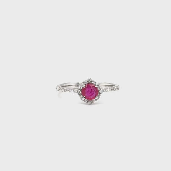 "Round Ruby & Diamond Halo Ring, Round Ruby Ring, Diamond Halo Ring, Gemstone Ring, Jewelry, Fashion Accessory, Red Gemstone Ring, Halo Engagement Ring, Round Cut Ruby Ring, Brilliant Diamond Ring"