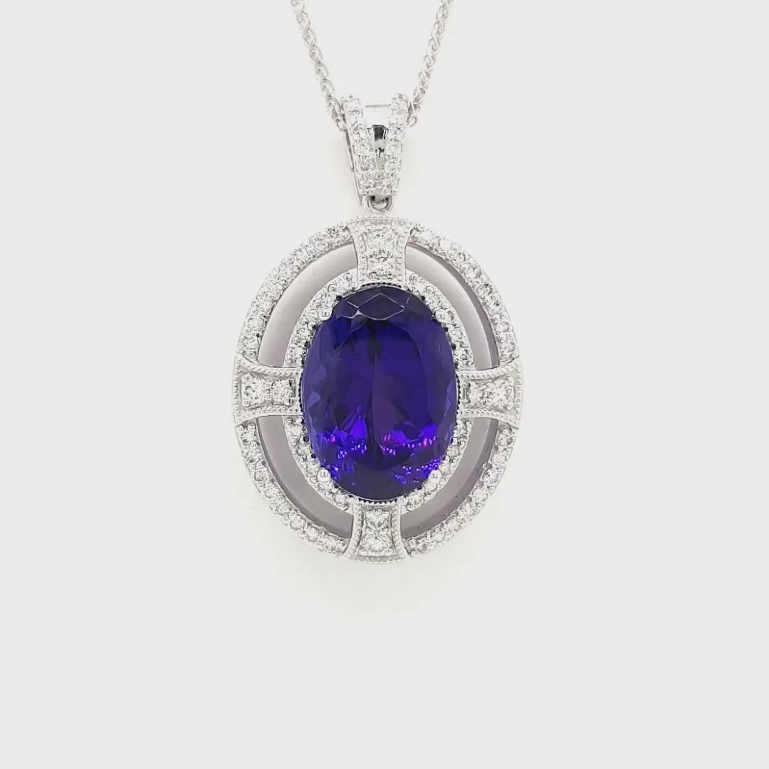  Oval Tanzanite, Halo Diamond Pendant, Gemstone Jewelry, Elegant Necklace, Fine Jewelry, Luxury Accessories, Statement Piece, Precious Stones, Special Occasion, Gift for Her, Glamorous Design, Sparkling Diamonds, Sterling Silver Setting, Exquisite Craftsmanship, High-Quality Materials