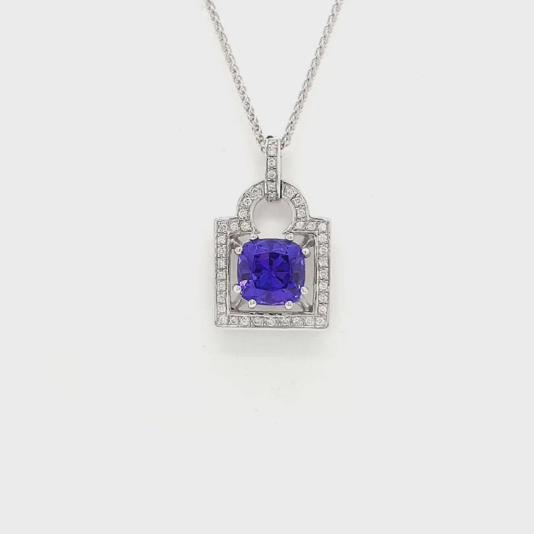  Cushion Cut Tanzanite & Diamond Pendant, Elegant Gemstone Jewelry, Sterling Silver Necklace, Sparkling Diamond Accents, Lavender Blue Gemstone, Statement Pendant, Gemstone and Diamond Combination, Precious Gemstone Necklace, Fine Jewelry Piece, Luxury Necklace Design, Unique Cushion Cut Pendant, Exquisite Tanzanite Pendant