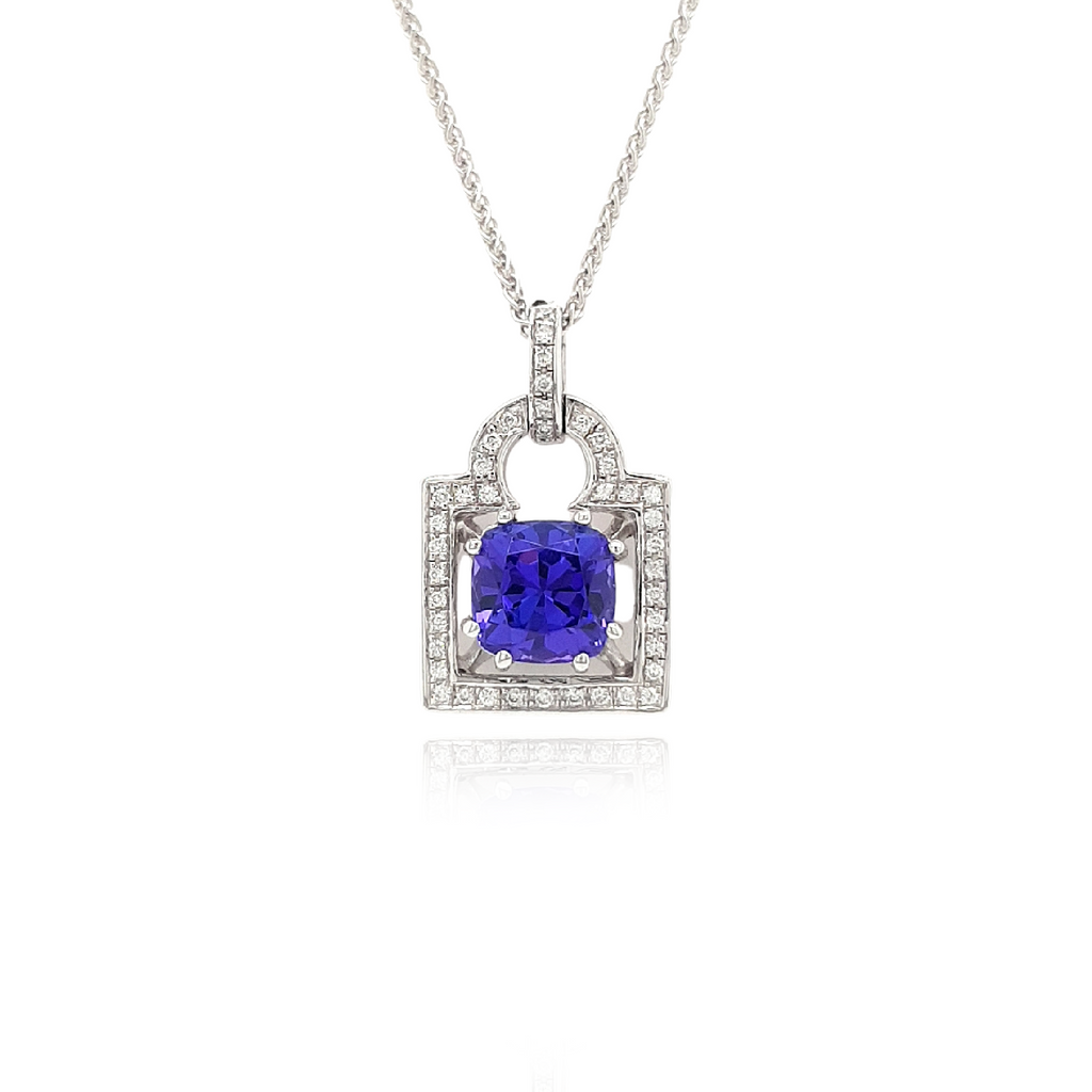  Cushion Cut Tanzanite & Diamond Pendant, Elegant Gemstone Jewelry, Sterling Silver Necklace, Sparkling Diamond Accents, Lavender Blue Gemstone, Statement Pendant, Gemstone and Diamond Combination, Precious Gemstone Necklace, Fine Jewelry Piece, Luxury Necklace Design, Unique Cushion Cut Pendant, Exquisite Tanzanite Pendant