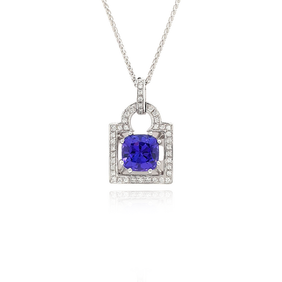  Cushion Cut Tanzanite & Diamond Pendant, Elegant Gemstone Jewelry, Sterling Silver Necklace, Sparkling Diamond Accents, Lavender Blue Gemstone, Statement Pendant, Gemstone and Diamond Combination, Precious Gemstone Necklace, Fine Jewelry Piece, Luxury Necklace Design, Unique Cushion Cut Pendant, Exquisite Tanzanite Pendant