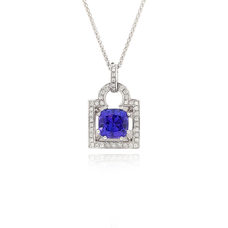  Cushion Cut Tanzanite & Diamond Pendant, Elegant Gemstone Jewelry, Sterling Silver Necklace, Sparkling Diamond Accents, Lavender Blue Gemstone, Statement Pendant, Gemstone and Diamond Combination, Precious Gemstone Necklace, Fine Jewelry Piece, Luxury Necklace Design, Unique Cushion Cut Pendant, Exquisite Tanzanite Pendant