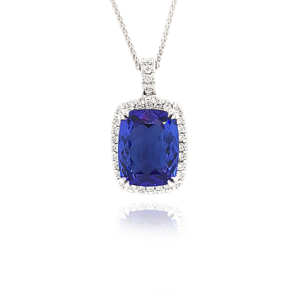 Cushion Cut Tanzanite Pendant, Diamond Halo Necklace, Gemstone Jewelry, Elegant Accessory, Blue Violet Gemstone, Sparkling Diamonds, Statement Necklace, Luxury Pendant, Fine Jewelry, Precious Stones, Glamorous Fashion, Exquisite Design, Radiant Gem, Anniversary Gift, Special Occasion Necklace, Timeless Elegance