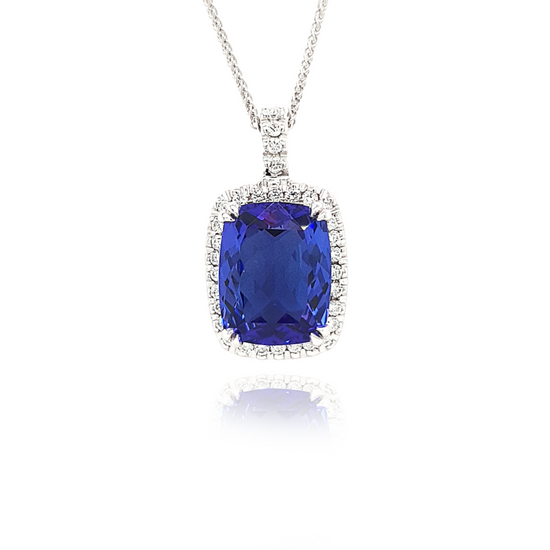 Cushion Cut Tanzanite Pendant, Diamond Halo Necklace, Gemstone Jewelry, Elegant Accessory, Blue Violet Gemstone, Sparkling Diamonds, Statement Necklace, Luxury Pendant, Fine Jewelry, Precious Stones, Glamorous Fashion, Exquisite Design, Radiant Gem, Anniversary Gift, Special Occasion Necklace, Timeless Elegance